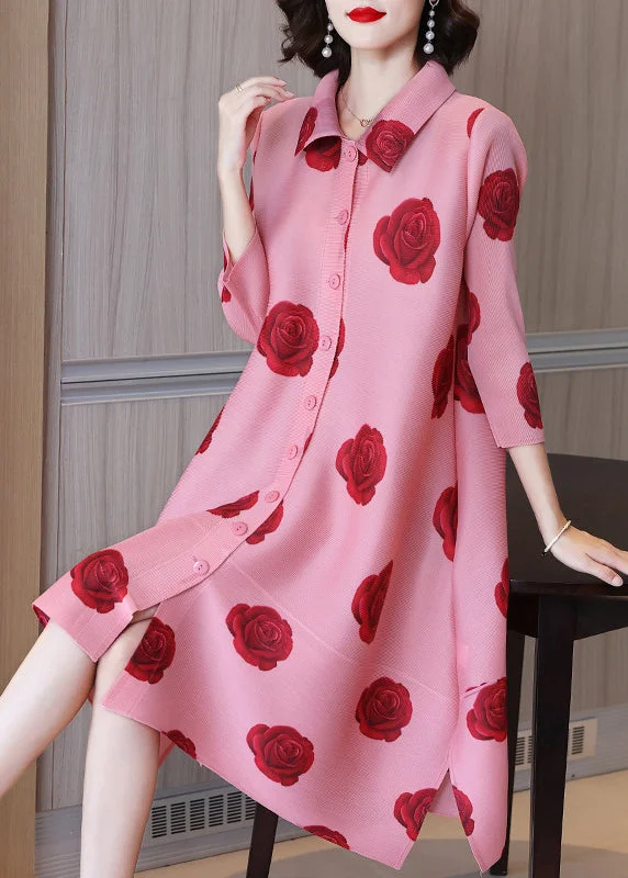 relaxed fit dressLoose Pink Peter Pan Collar Print Button Shirt Dresses Long Sleeve