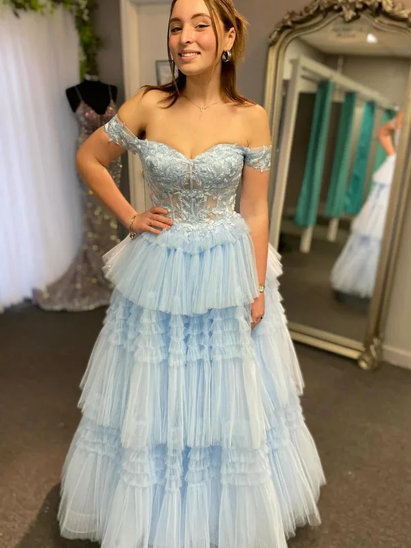 Savings Alert minimalistic dressminimalistic dressOff Shoulder Layered Light Blue/Sage Lace Long Prom Dresses, Off the Shoulder Formal Dresses, Light Blue/Sage Evening Dresses SP3070