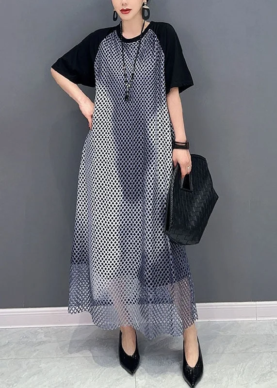 Closeout Sale luxury dressluxury dressBlack Patchwork Cotton Maxi Dresses O Neck Sheer Mesh Short Sleeve