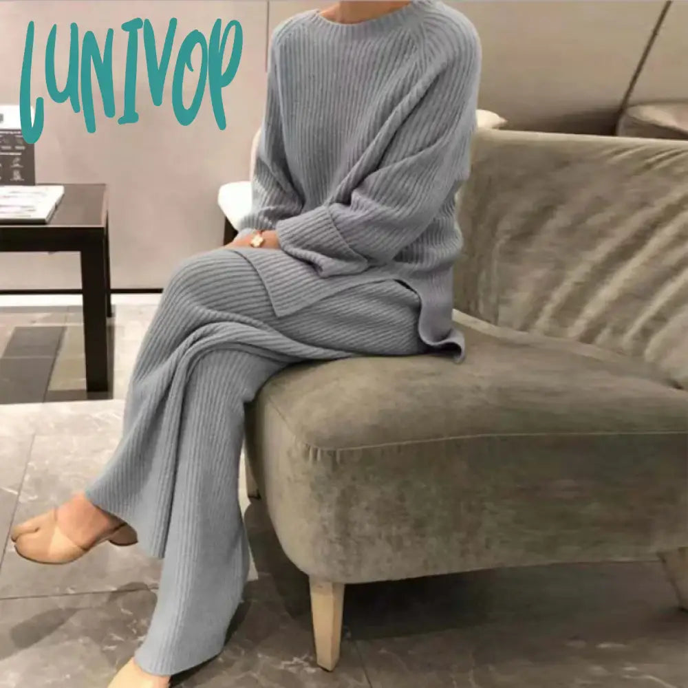 Hurry In Lunivop Lady Home Suit Autumn Fashion Soft Casual O-Neck Pullover Tops+Knitted Pant New Homewear Pajama Winter Solid Women Two Piece Set
