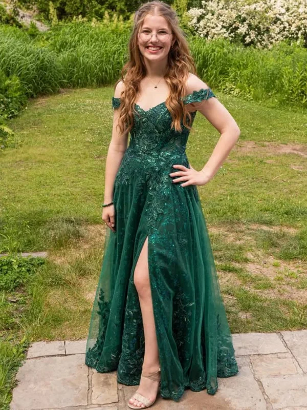 Exclusive Online Offer boho-chic dressboho-chic dressOff the Shoulder High Slit Green Lace Long Prom Dresses, Green Lace Formal Graduation Evening Dresses SP3103