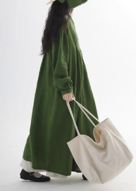 lace-up dressPlus Size Green Oversized Cotton Holiday Dress Fall