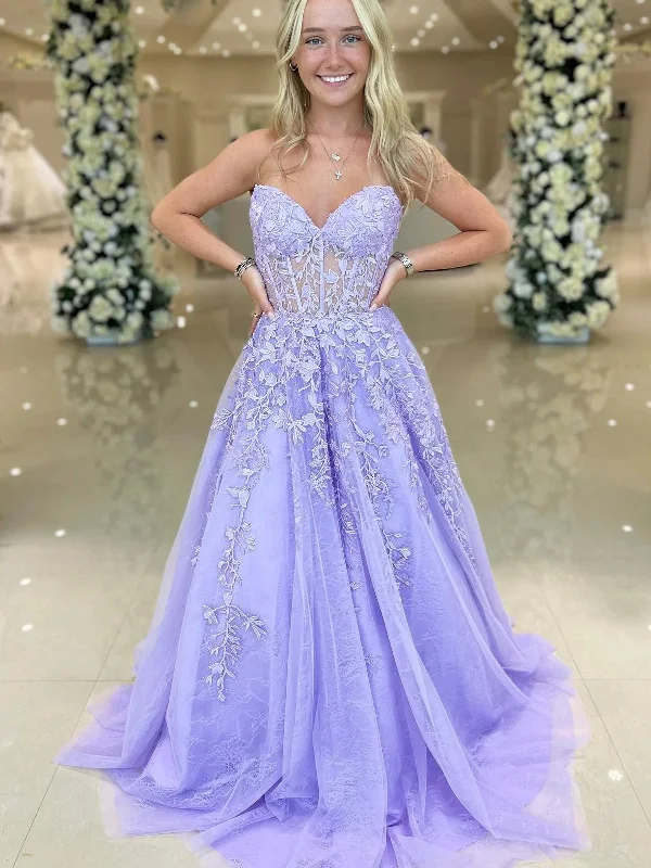 Closeout oversized dressoversized dressStrapless Purple Lace Long Prom Dresses, Purple Lace Formal Dresses, Long Purple Evening Dresses SP2779