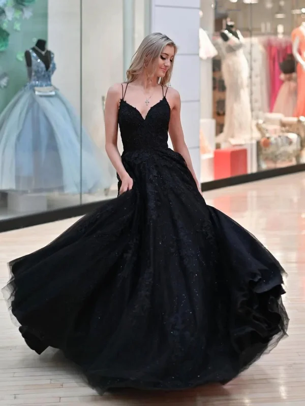 Mega Sale summer dresssummer dressV Neck Black Lace Long Prom Dresses, Black Lace Formal Dresses, Black Tulle Evening Dresses SP2735