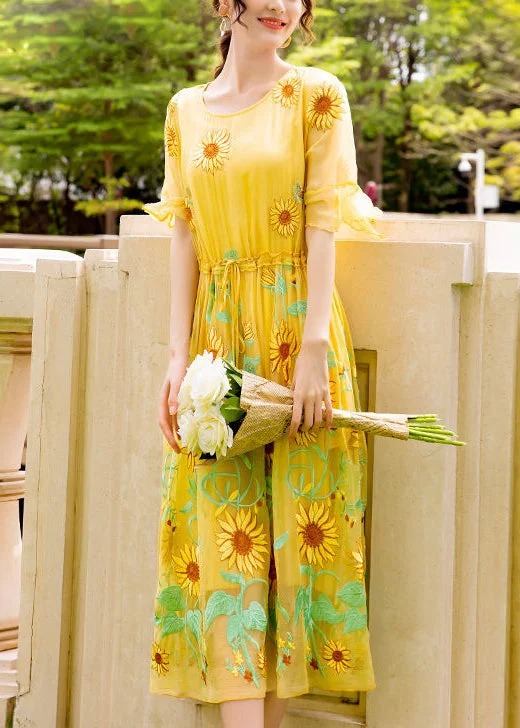Weekend Deal satin dresssatin dressWomen Yellow Daisy Embroideried Tie Waist Silk Vacation Dresses Flare Sleeve