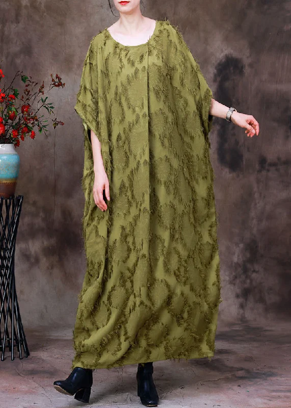 v-neck dressPlus Size Green O-Neck Asymmetrical Print Woolen Long Dress Batwing Sleeve