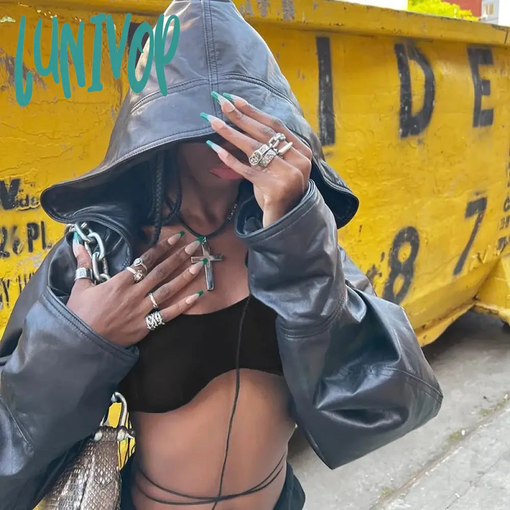 Epic Deals Lunivop Y2k Mall Gothic Streetwear Harajuku Hooded Short Women Aesthetic Emo Alternative Cyber Punk Streetwear Harajuku Pu Crop Jackets