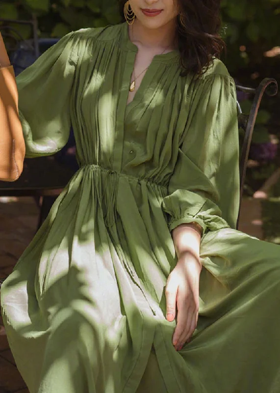 party dressFashio Green O-Neck Cinched Wrinkled Solid Chiffon Maxi Dress Spring