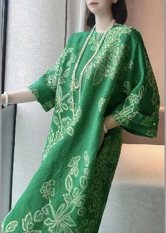 casual midi dressJacquard Green O-Neck Print Pockets Silk Dress Half Sleeve