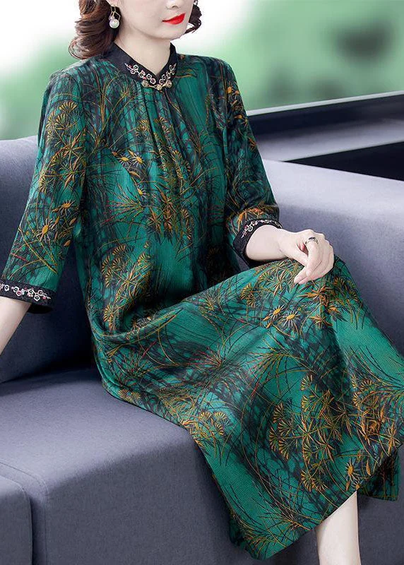 A-line dressElegant Green Stand Collar Print Silk Dress Half Sleeve