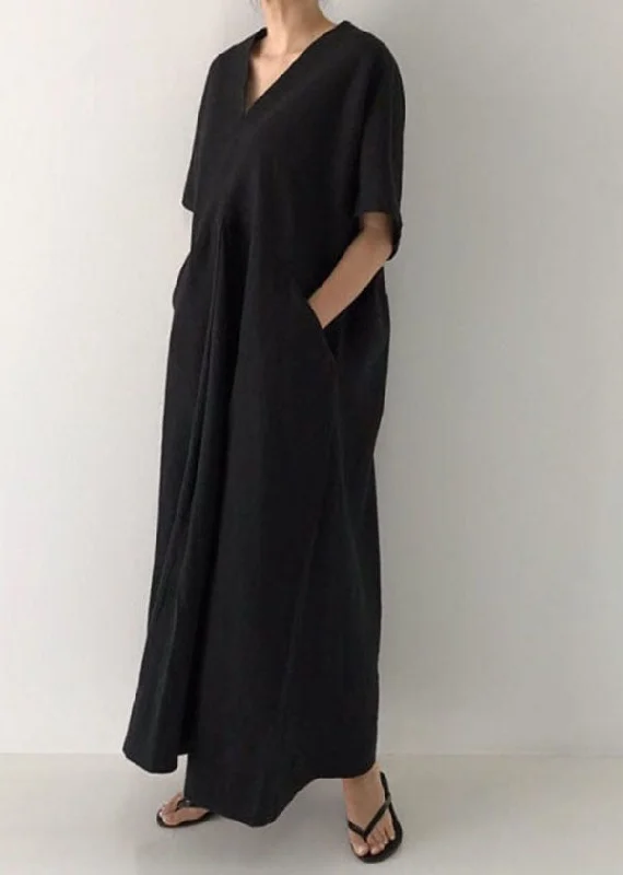 Members Only long-sleeve floral dresslong-sleeve floral dressPlus Size Black V Neck Oversized Linen Long Dress Short Sleeve