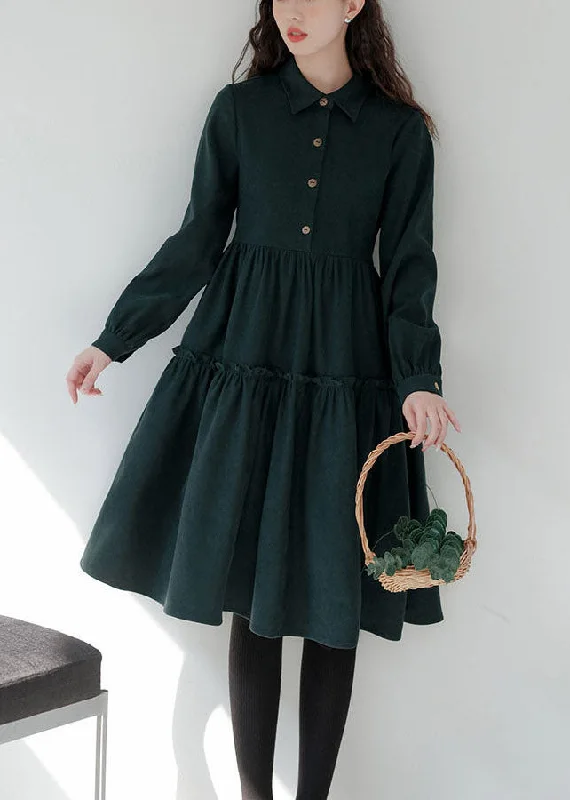 Limited Availability casual dresscasual dressGreen Patchwork Corduroy Long Dresses Ruffled Exra Large Hem Long Sleeve