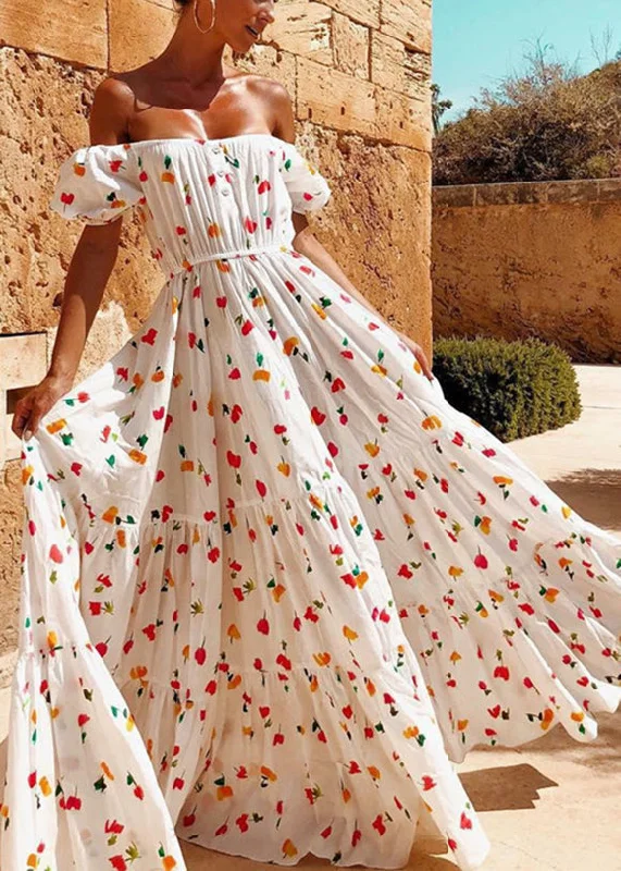 Final Sale backless dressbackless dressWomen Elastic Square Collar Floral Print Holiday Casual Floor Maxi Dress With Belt White