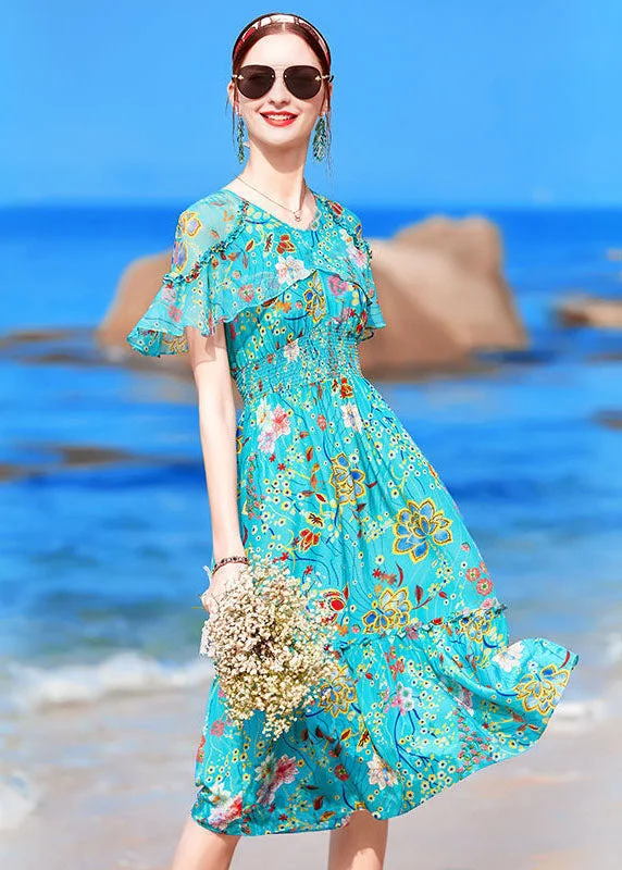 bohemian dressItalian Blue V Neck Ruffled Print Elastic Waist Silk Beach Dresses Cloak Sleeves