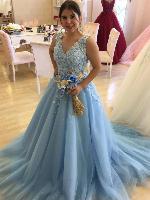 Sale Event flowy maxi dressflowy maxi dressV Neck Open Back Blue Lace Long Prom Dresses, Blue Tulle Formal Dresses, Blue Lace Evening Dresses SP2442