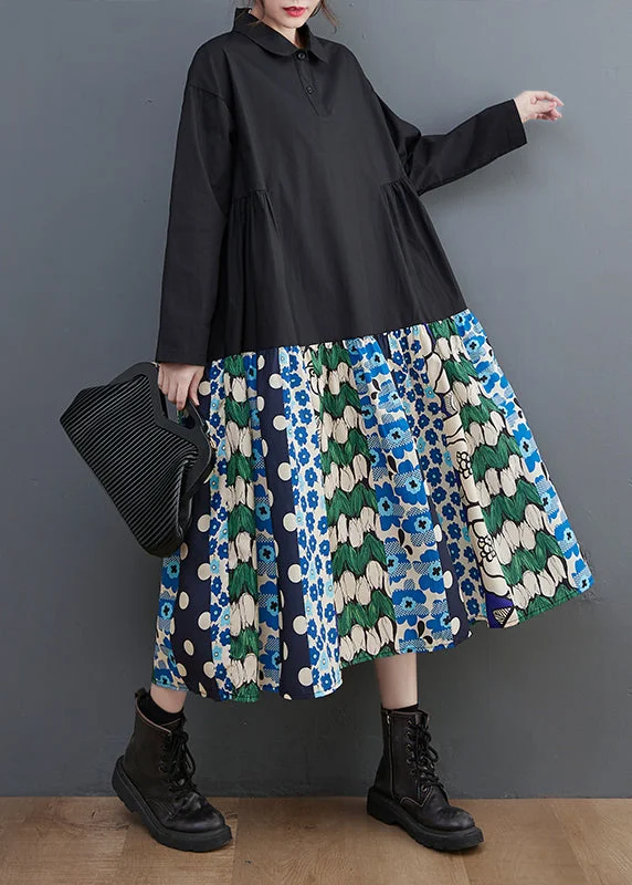 layered dressBlack Patchwork Cotton A Line Dress Oversized Print Fall