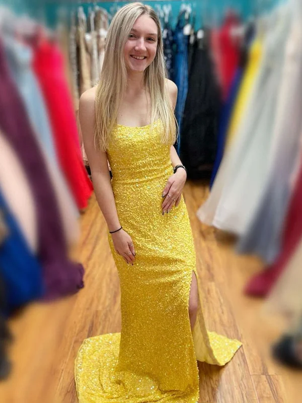 Overstock casual summer dresscasual summer dressYellow Sequins Mermaid Backless Long Prom Dresses with High Slit, Mermaid Yellow Sequins Formal Graduation Evening Dresses SP2213