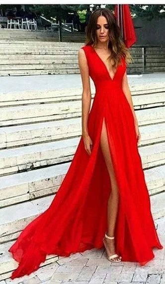 Seasonal Clearance classic fit-and-flare dressclassic fit-and-flare dressFloor Length Sexy Split V-neck Red Evening Dress