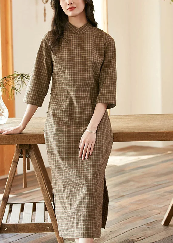 Don't Wait winter dresswinter dressVintage Green Mandarin Collar Plaid Side Open Cotton Cheongsam Dresses Bracelet Sleeve