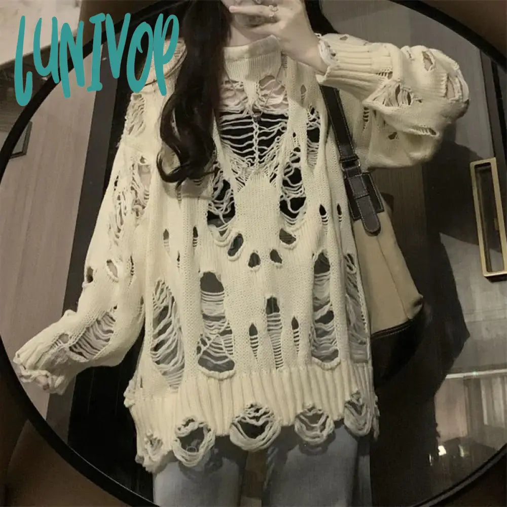 Price Fest Lunivop Vintage Hole Hollow Out Knitted Sweater Woman Harajuku Loose Long Sleeve Jumpers Women High Street Y2K Smock Pullovers