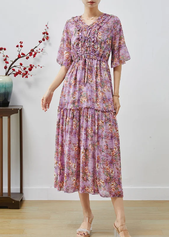 puff sleeve dressPurple Print Chiffon Beach Dress Cinched Ruffled Summer