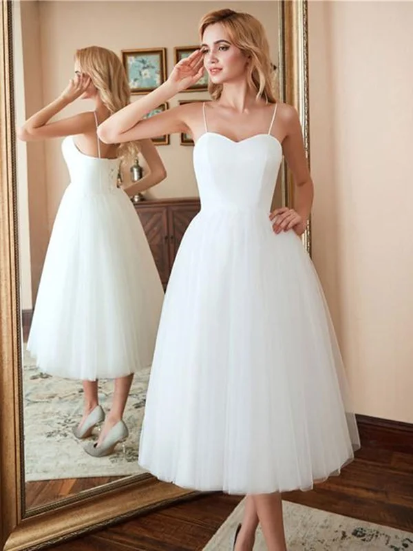 Exclusive Online Offer party dressparty dressSweetheart Neck Thin Straps White Tea Length Prom Dresses, Tea Length White Homecoming Dresses, White Formal Evening Dresses