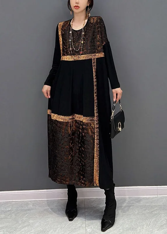 Overstock trendy mini dresstrendy mini dressClassy Black O-Neck Oversized Patchwork Cotton Long Dress Spring