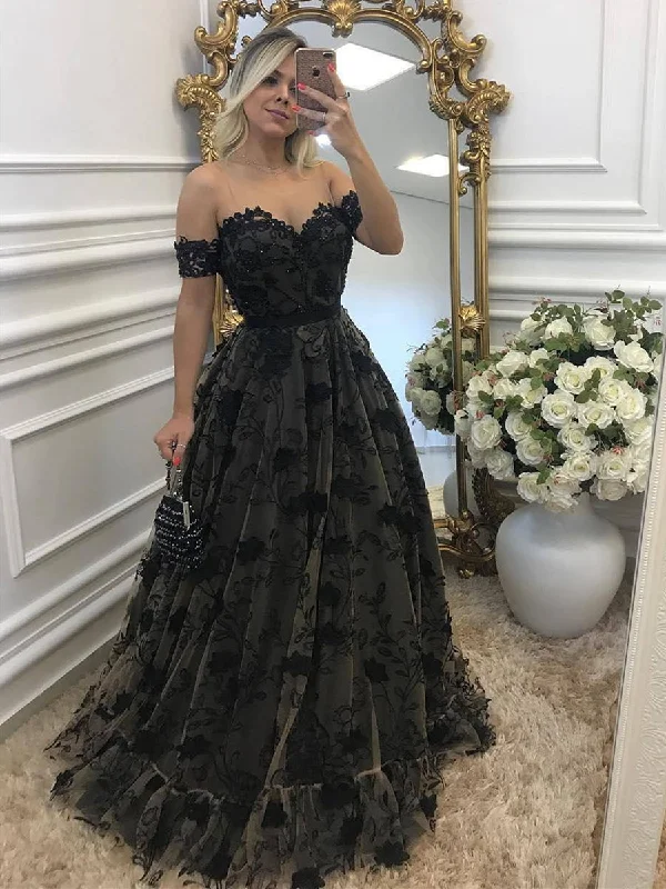 Price Slash textured dresstextured dressOff Shouler Black Lace Long Prom Dresses with Appliques, Off Shoulder Black Formal Dresses, Evening Dresses 2019