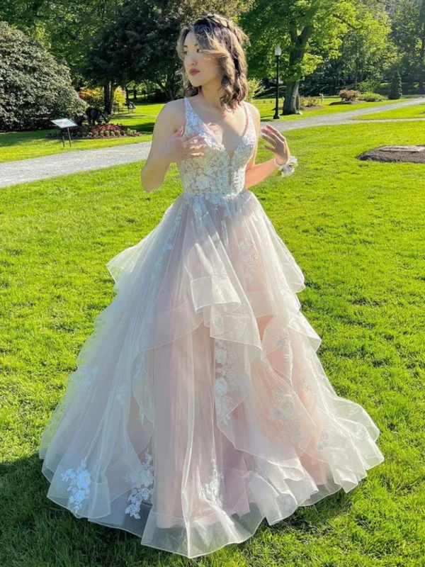 Super Sale flowy dressflowy dressV Neck High Low Champagne Lace Long Prom Dresses, Light Champagne Lace Formal Evening Dresses, Champagne Ball Gown SP2602