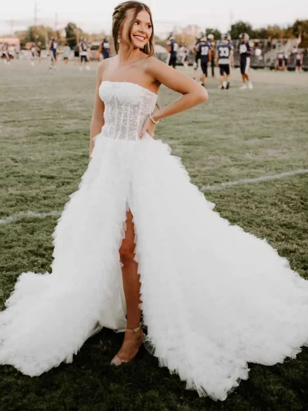 The Best Prices fitted bodycon dressfitted bodycon dressStrapless White Tulle Long Prom Dresses with High Slit, Long White Formal Evening Dresses, Ball Gown SP2626