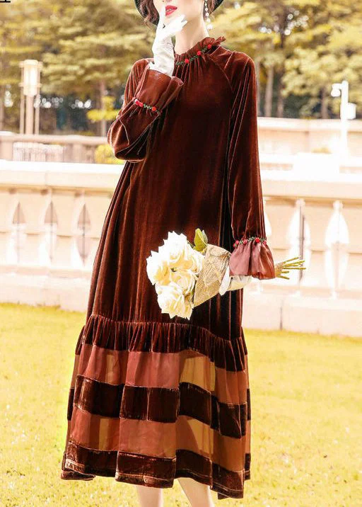 off-shoulder dressVintage Brown Oversized Patchwork Silk Velour Robe Dresses Spring