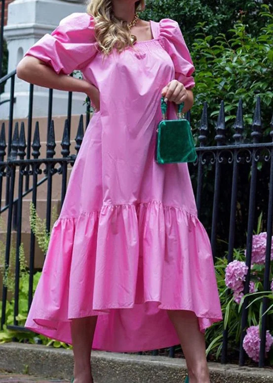 Don't Wait romantic dressromantic dressSquare Neck Solid Color Puff Sleeve Ruffles Hem Casual Maxi Dress For Women Rose