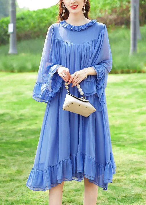 Reduced Prices flowy maxi dressflowy maxi dressFrench Blue Ruffled Patchwork Silk A Line Dresses Flare Sleeve