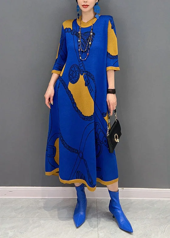 Deal of the Week shift dressshift dressFrench Blue O Neck Print Long Knit Dress Half Sleeve