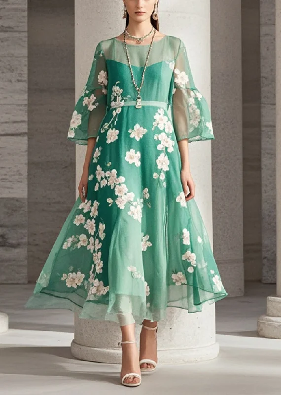 casual dressElegant Green Print Chiffon Long Dresses Summer