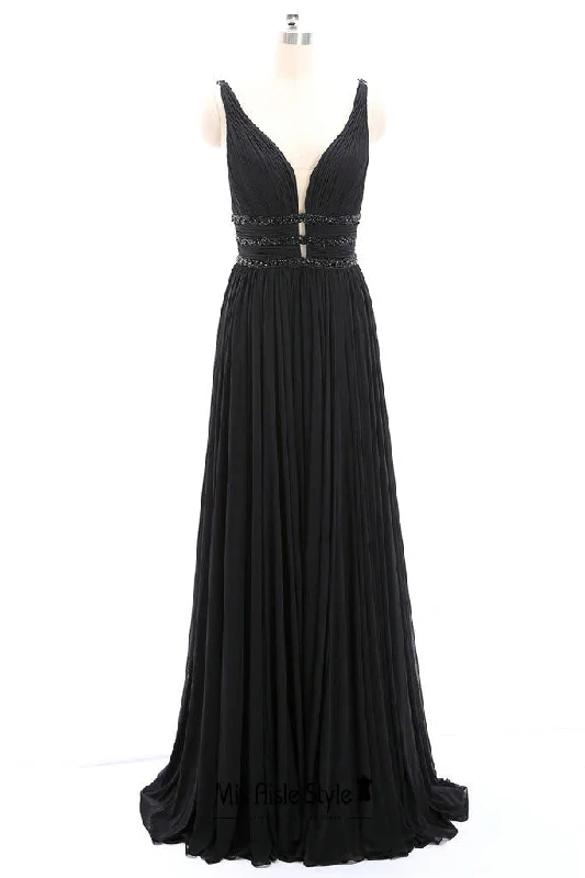 chic dressSexy Deep V-neckline Long Black Prom Dress