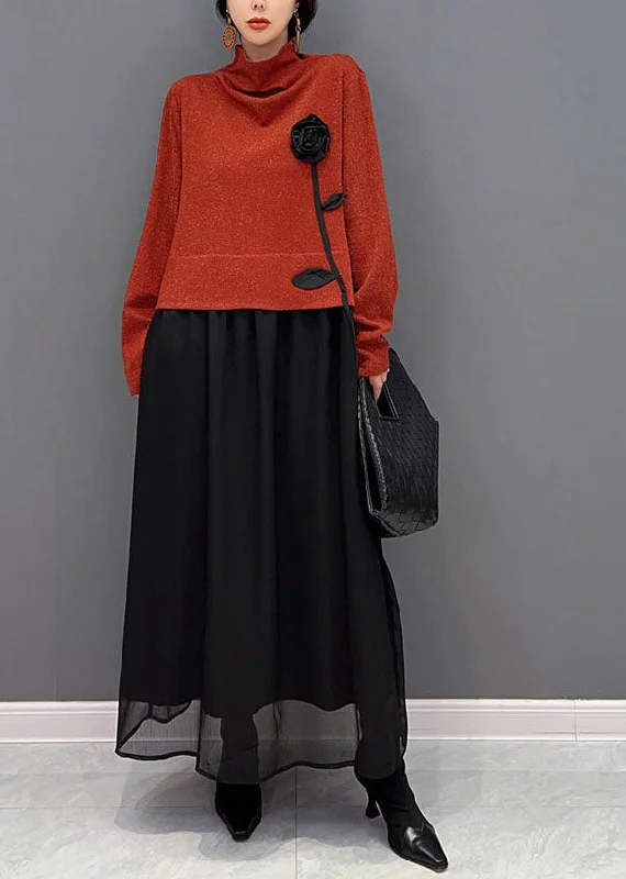 Bonus Savings casual day dresscasual day dressElegant Red Turtle Neck Floral Patchwork Tulle Fake Two Piece Dresses Spring