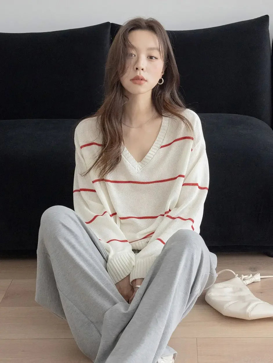 Bonus Savings Lunivop Vintage Contrast Color V Neck Striped Sueter Mujer Long Sleeve Y2k Pullovers High Street Women American Loose Sweaters