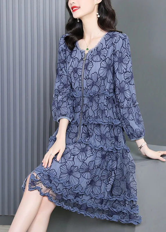 silk dressBohemian O-Neck Zippered Ruffled Embroideried Floral Maxi Dress Long Sleeve