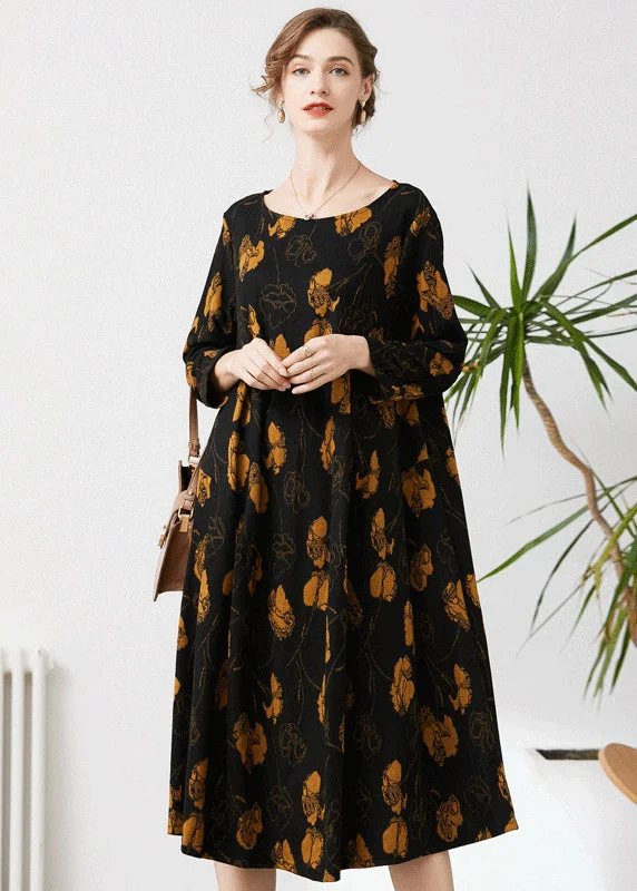 off-shoulder dressFine Black O-Neck Oversized Print Cashmere Dresses Spring