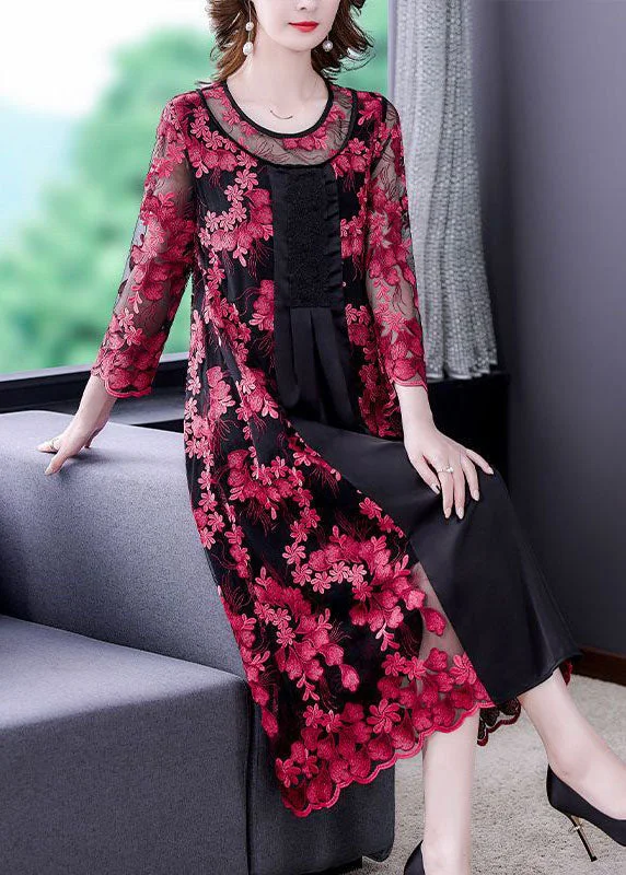 Exclusive Access lace-up dresslace-up dressVintage Red Embroideried Hollow Out Patchwork Tulle Dresses Bracelet Sleeve