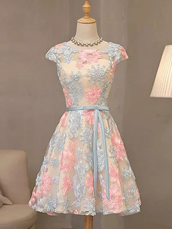 Special Savings fitted bodycon dressfitted bodycon dressRound Neck Cap Sleeves Colorful Lace Prom Dresses, Cap Sleeves Colorful Lace Homecoming Dresses, Short Colorful Lace Formal Evening Dresses