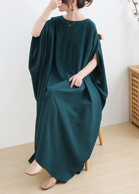 wrap dressCasual Green O-Neck Asymmetrical Cotton Long Dress Short Sleeve