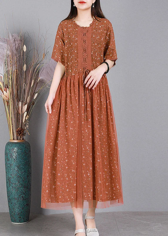 casual evening dressDIY Orange Tie Waist Embroideried Floral Tulle Dress Short Sleeve