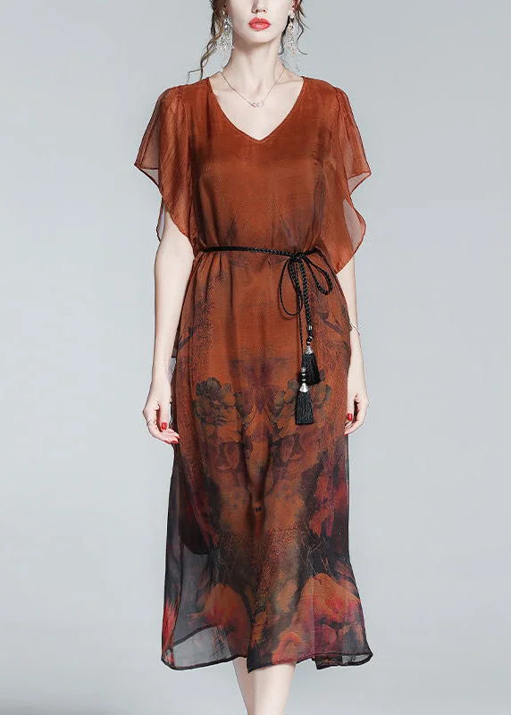 Daily Specials sleeveless dresssleeveless dressStyle Orange O-Neck Print Tie Waist Silk Holiday Long Dress Short Sleeve