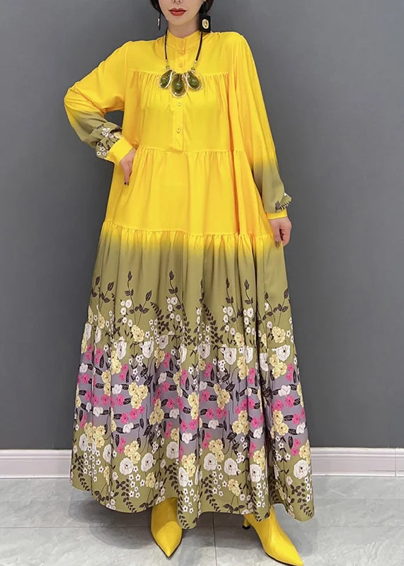 Special Discount elegant evening dresselegant evening dressFashion Yellow Stand Collar Print Patchwork Vacation Long Dresses Spring
