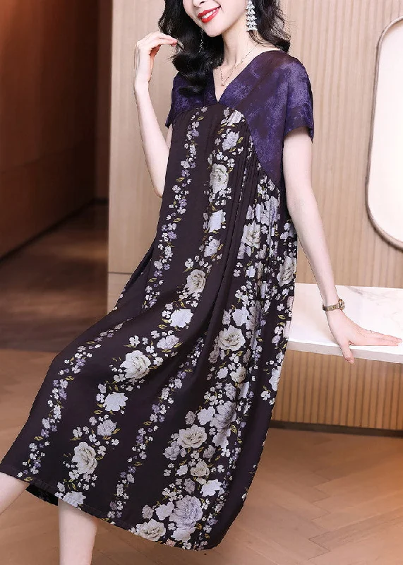 chic wrap dressStyle Purple V Neck Print Patchwork Chiffon Dress Short Sleeve