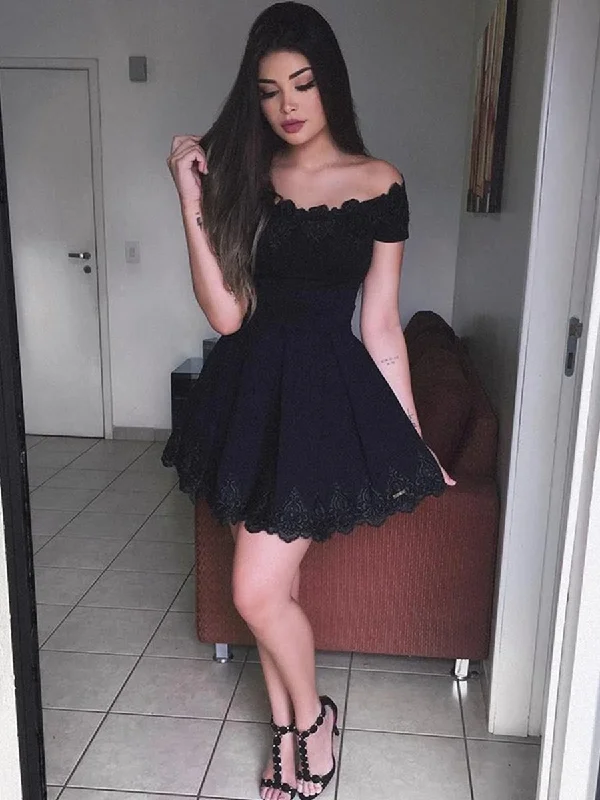 Weekend Special fitted cocktail dressfitted cocktail dressOff Shoulder Short Black Lace Prom Dresses, Off Shoulder Black Lace Formal Graduation Homecoming Dresses