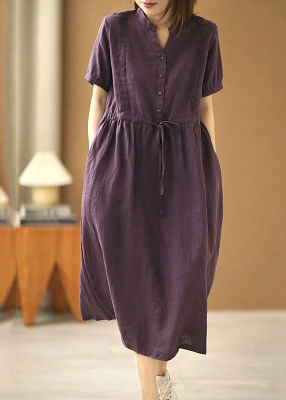 Discount Extravaganza backless dressbackless dressVintage Purple V Neck Wrinkled Tie Waist Linen Long Dresses Short Sleeve