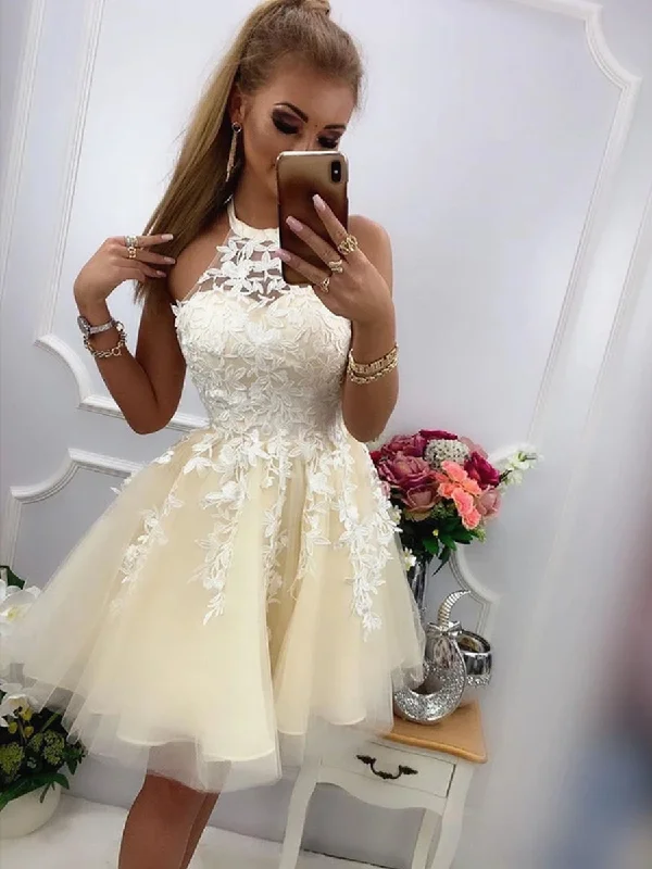 Buy Now layered dresslayered dressRound Neck Short Yellow Lace Prom Dresses, Yellow Lace Formal Graduation Homecoming Dresses